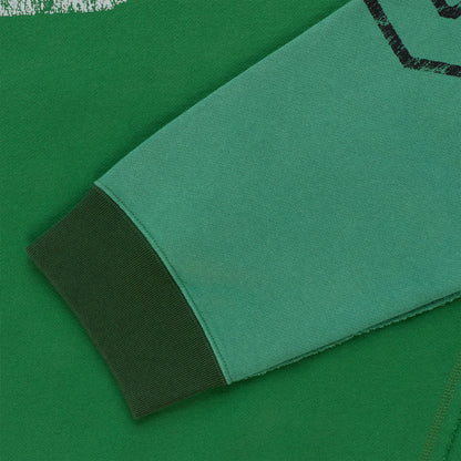 SUPERFIVE CREWNECK: Green color block, 100% cotton brushed fleece sleeve with dark green ribbed cuff.