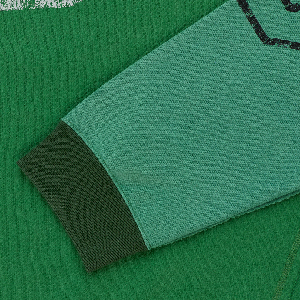 SUPERFIVE CREWNECK: Green color block, 100% cotton brushed fleece sleeve with dark green ribbed cuff.