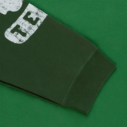 SUPERFIVE CREWNECK: Green 13oz cotton brushed fleece sleeve with white graphic print and ribbed cuff.