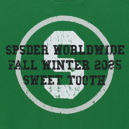 Green crewneck with distressed white "S" logo and "SP5DER WORLDWIDE FALL WINTER 2025 SWEET TOOTH" text.