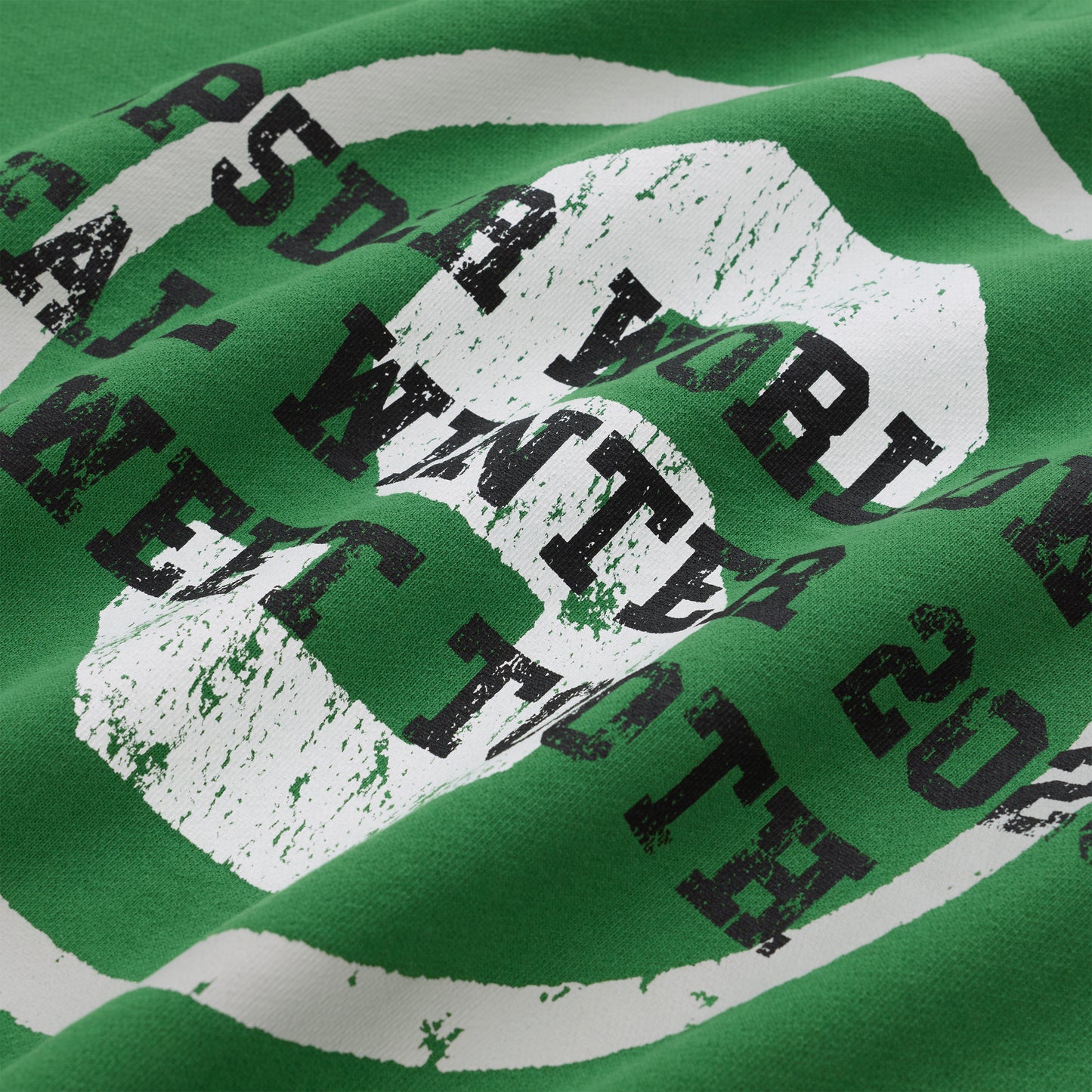 Green 13oz cotton fleece crewneck with white and black graphic print logo.