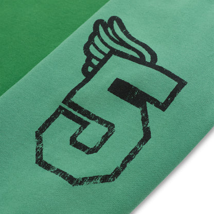 SUPERFIVE CREWNECK, green color block 13oz cotton fleece with black graphic logo on sleeve.