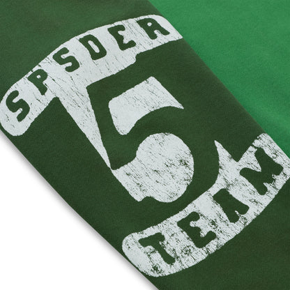 SUPERFIVE CREWNECK, green color block, 100% cotton brushed fleece with distressed graphic print.