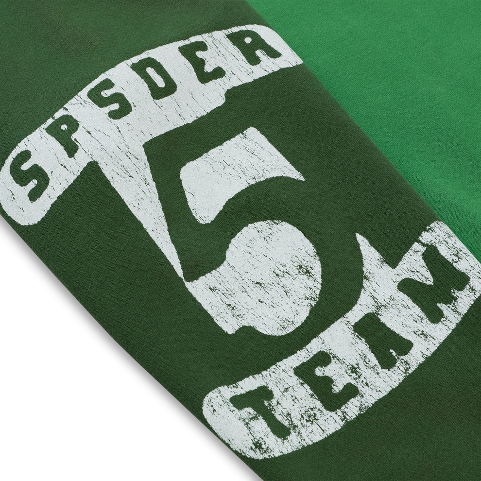 SUPERFIVE CREWNECK, green color block, 100% cotton brushed fleece with distressed graphic print.