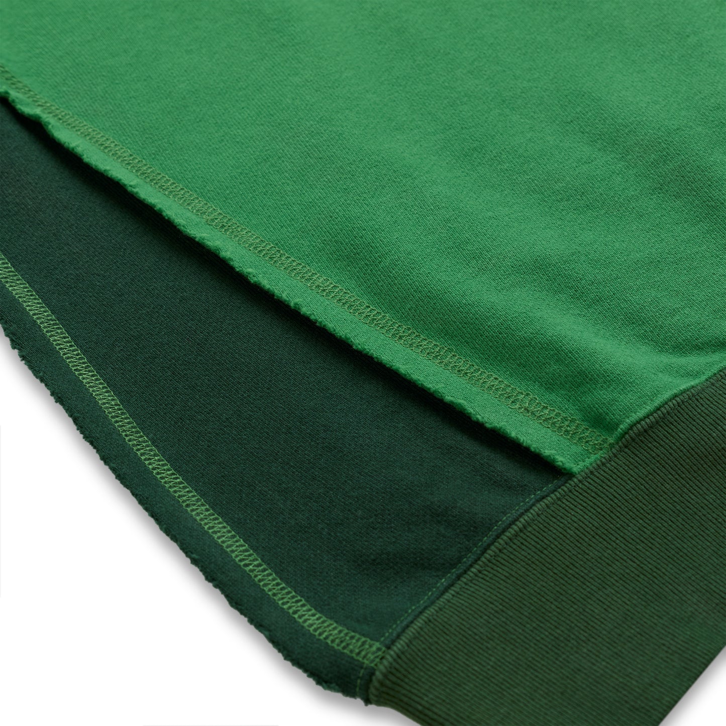 SUPERFIVE CREWNECK: Green color block 13oz cotton brushed fleece with ribbed hem.