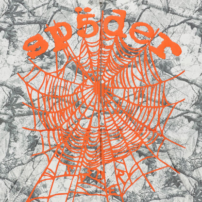 REALTREE OG WEB V2 ZIP HOODIE with orange puff print spiderweb and "Spider" text on camo fleece.