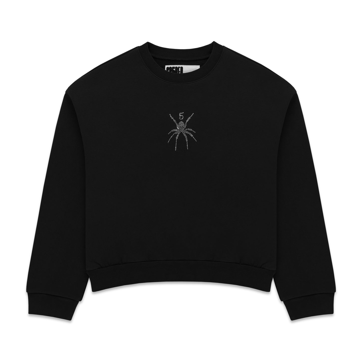 Black cotton crewneck with rhinestone spider graphic on front.