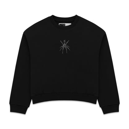 Black cotton crewneck with rhinestone spider graphic on front.