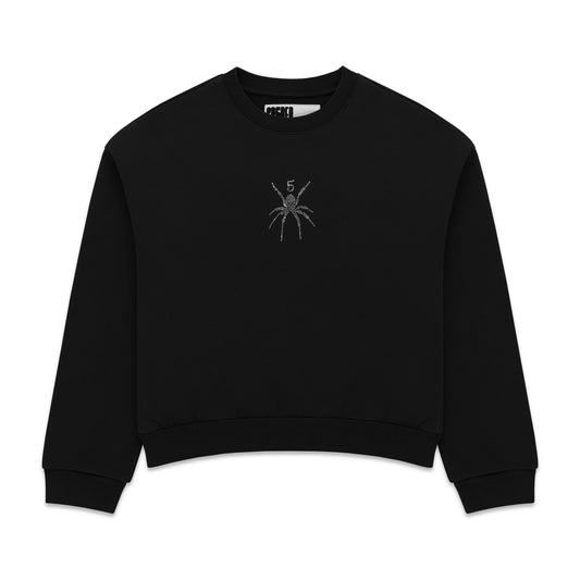 Black cotton crewneck with rhinestone spider graphic on front.