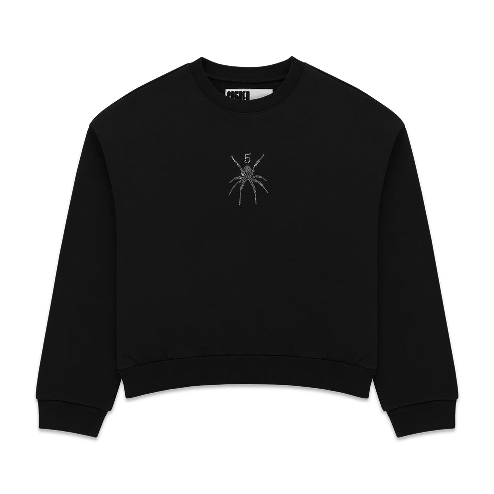 Black cotton crewneck with rhinestone spider graphic on front.