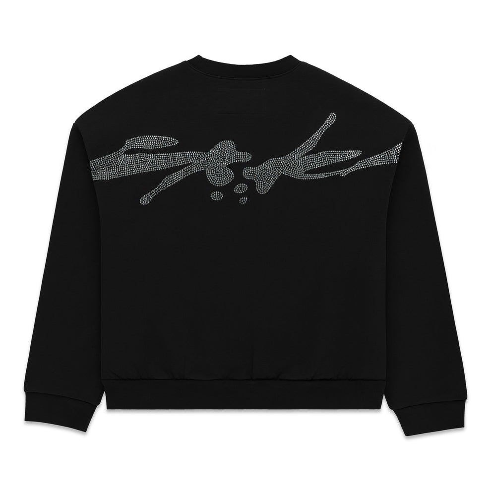 Black 100% cotton crewneck with rhinestone embellished graphic on the back.