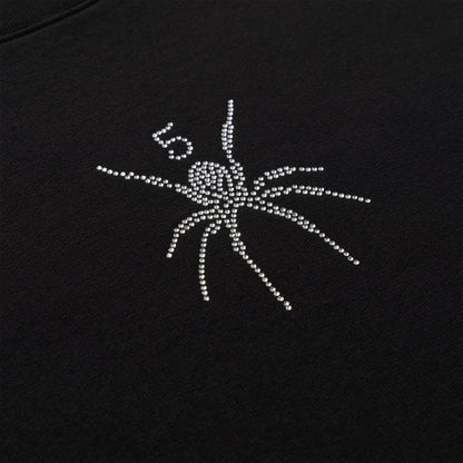Black cotton crewneck with rhinestone spider graphic and "5" detail.