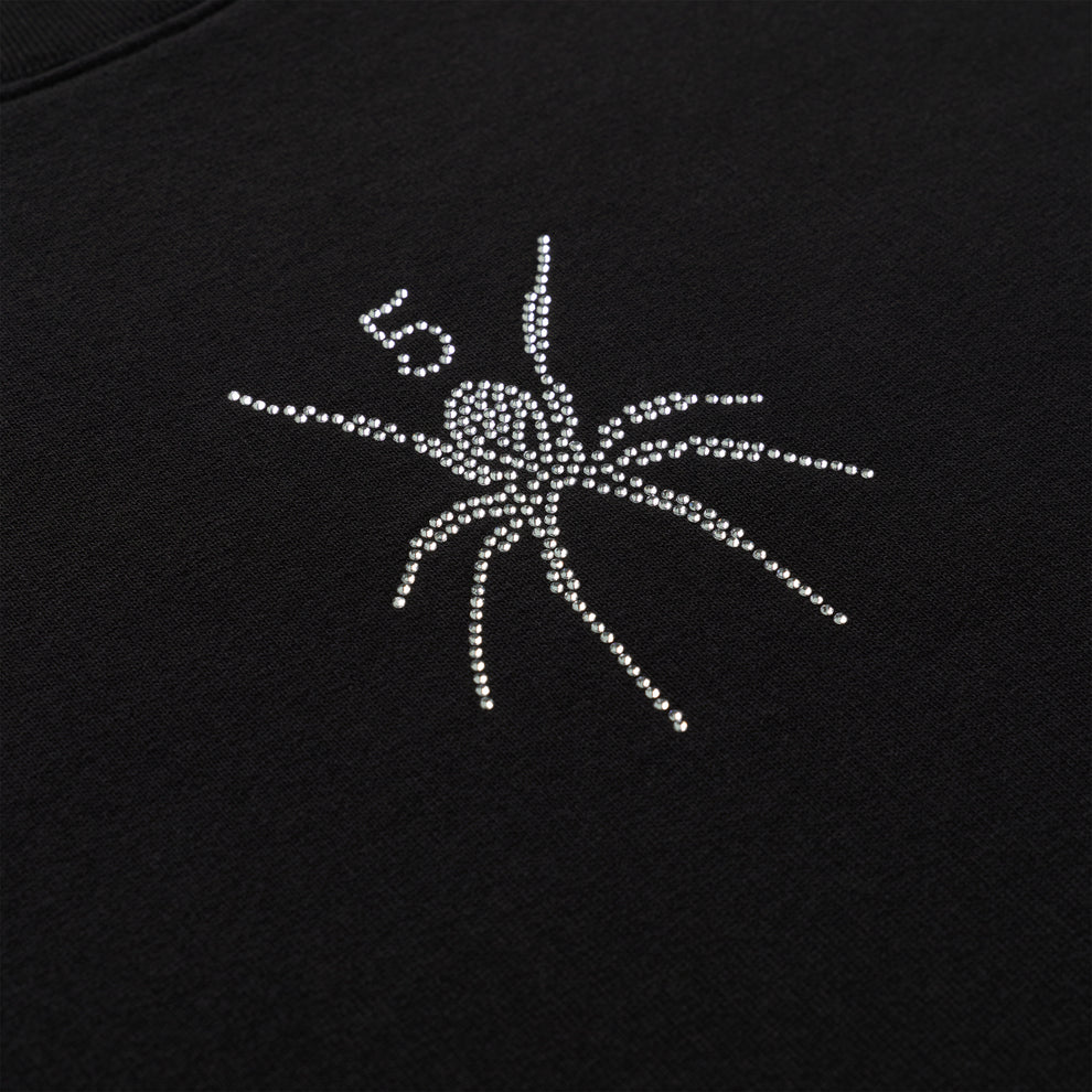 Black cotton crewneck with rhinestone spider graphic and "5" detail.