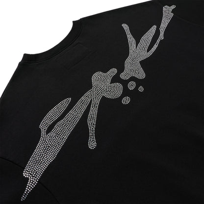 Black 100% cotton crewneck with rhinestone embellished graphic on front.