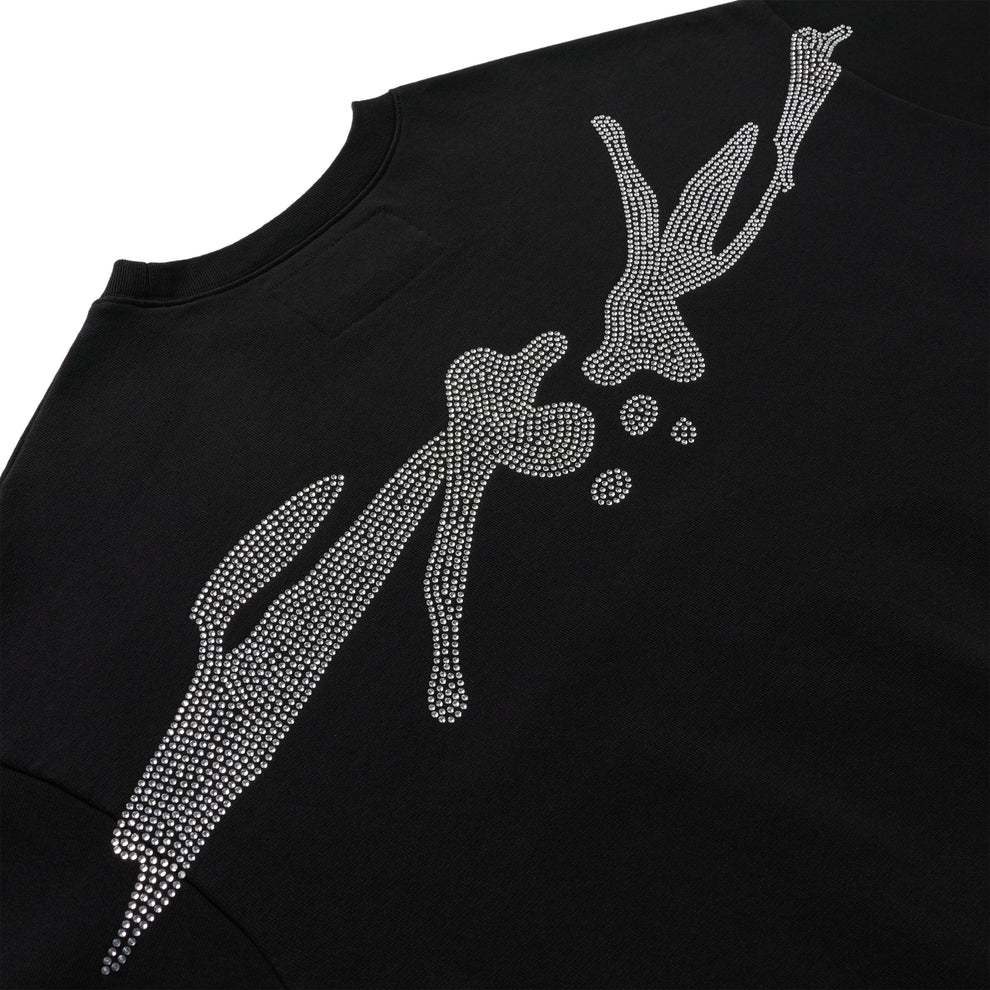 Black 100% cotton crewneck with rhinestone embellished graphic on front.