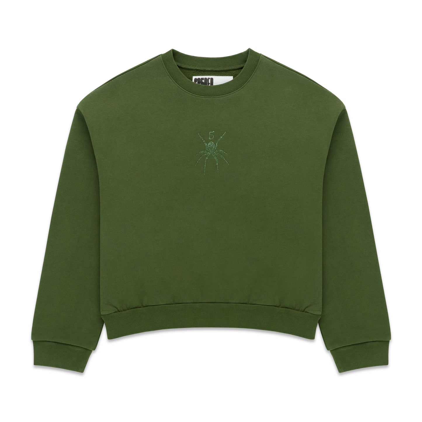 Olive green cotton fleece crewneck with rhinestone spider graphic.