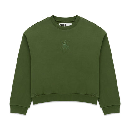 Olive green cotton fleece crewneck with rhinestone spider graphic.
