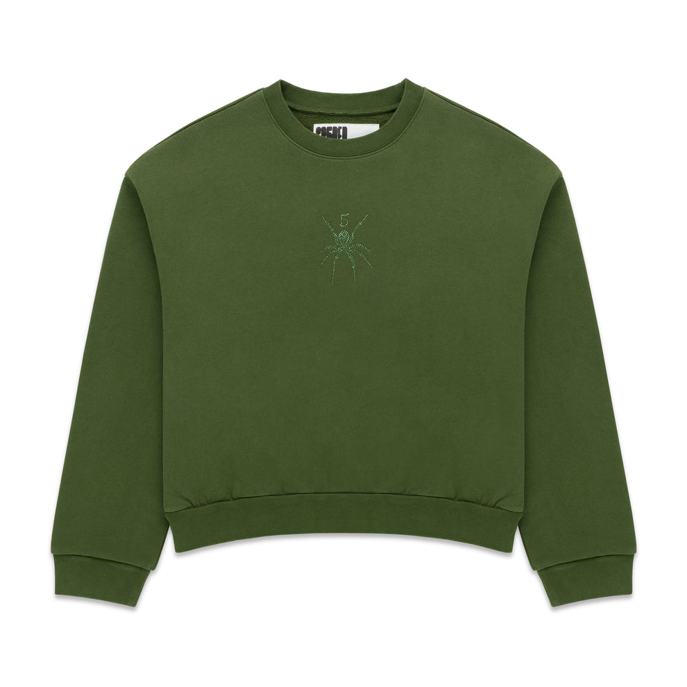 Olive green cotton fleece crewneck with rhinestone spider graphic.