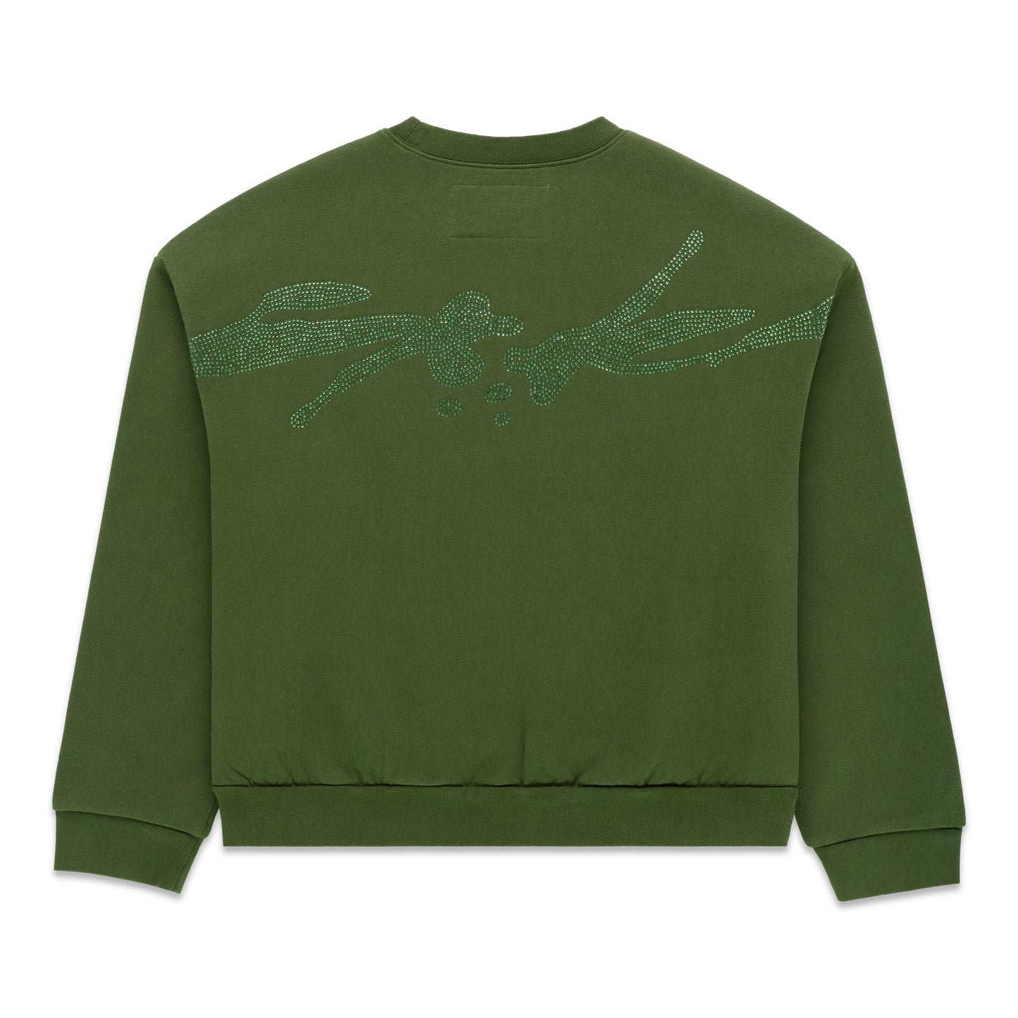 Green 100% cotton crewneck sweatshirt with rhinestone embellished graphic on back.