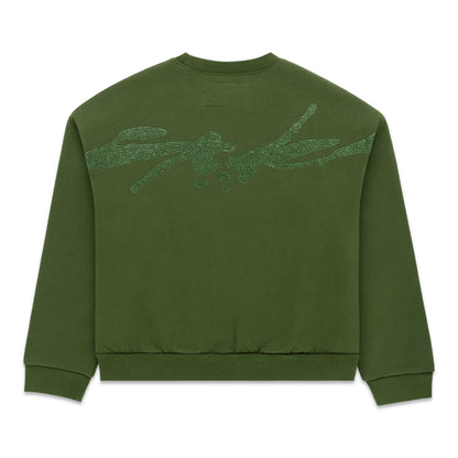 Green 100% cotton crewneck sweatshirt with rhinestone embellished graphic on back.
