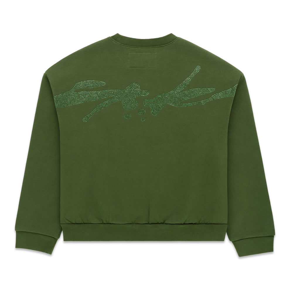 Green 100% cotton crewneck sweatshirt with rhinestone embellished graphic on back.