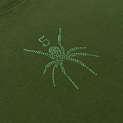 Olive green cotton crewneck with a sparkling green rhinestone spider graphic.