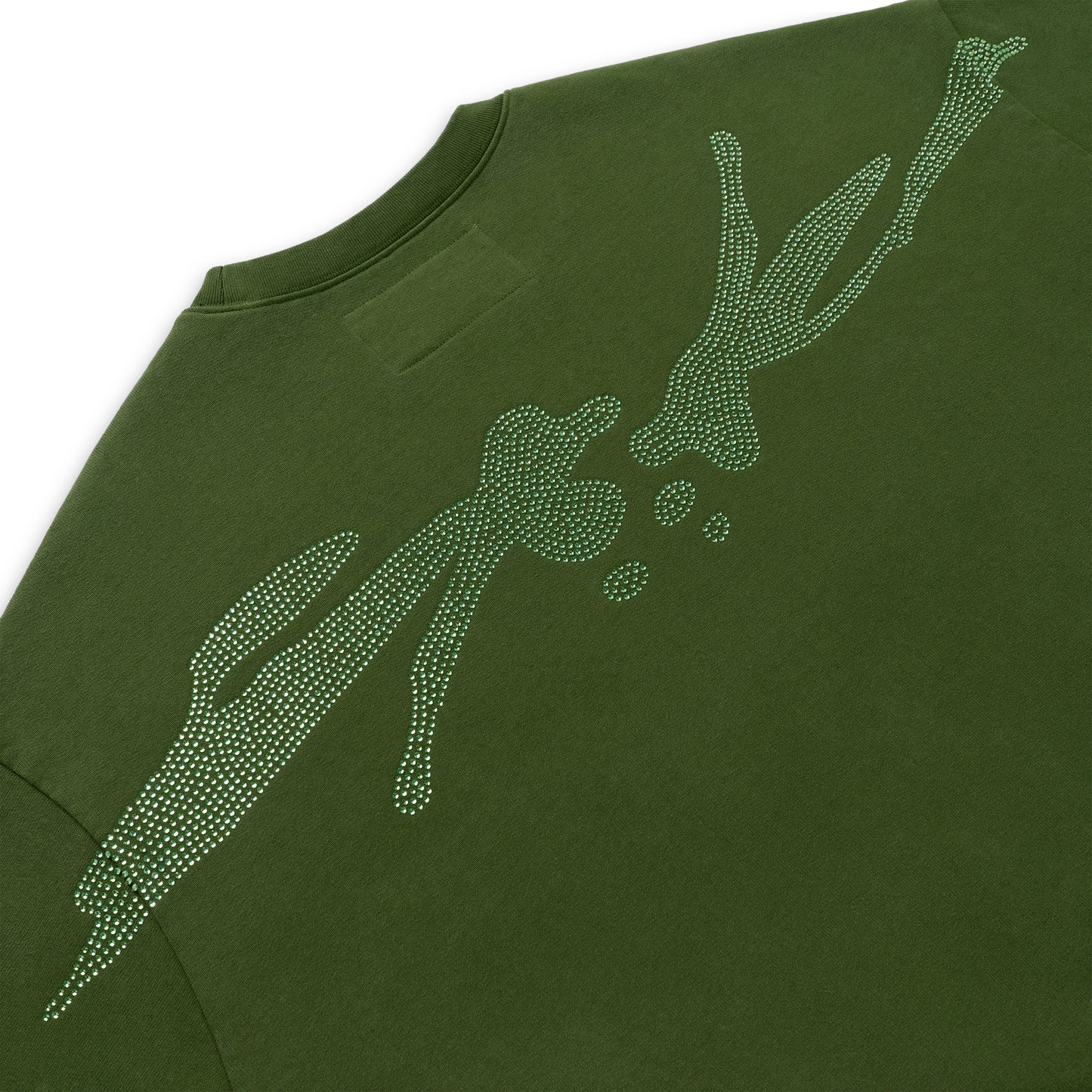 Olive green cotton crewneck with rhinestone embellished graphic.