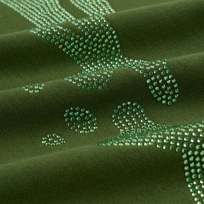 Olive green 100% cotton crewneck with sparkling green rhinestone graphic.