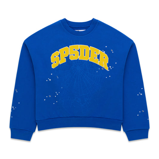 Blue crewneck sweatshirt with yellow "SP5DER" varsity-style lettering and white paint splatter details.
