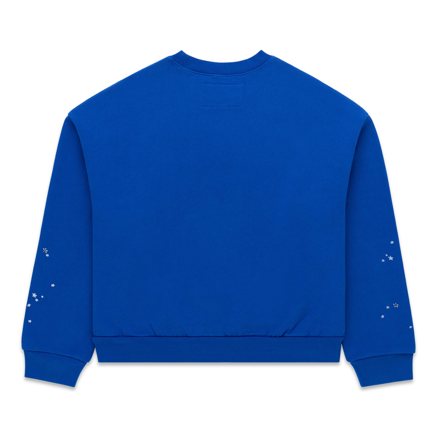 Blue crewneck sweatshirt with ribbed cuffs and hem, featuring subtle white speckled details on sleeves.