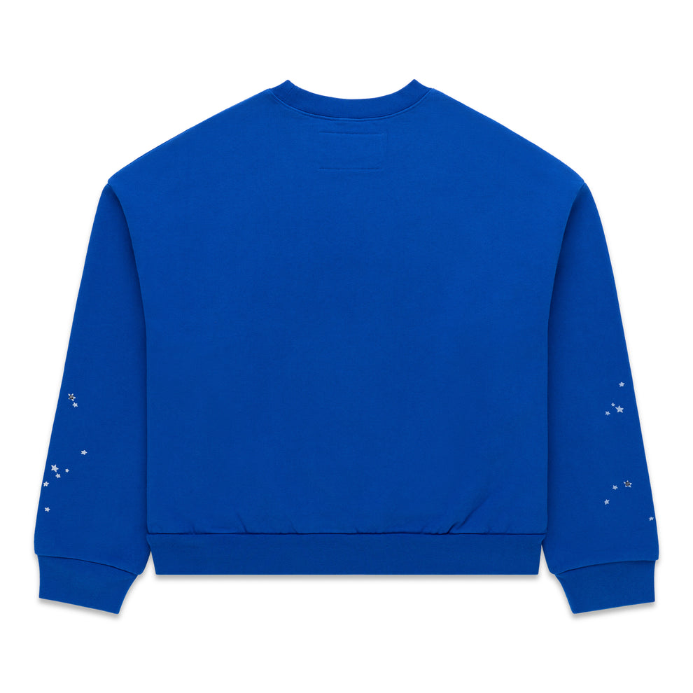 Blue crewneck sweatshirt with ribbed cuffs and hem, featuring subtle white speckled details on sleeves.