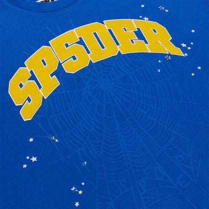 Blue crewneck sweatshirt with bold yellow "SP5DER" varsity lettering and small white star accents.