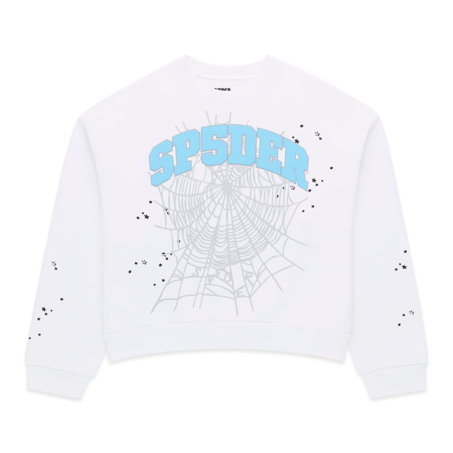 White VARSITY WEB CREWNECK with blue "SP5DER" text, gray spider web, and scattered black stars.