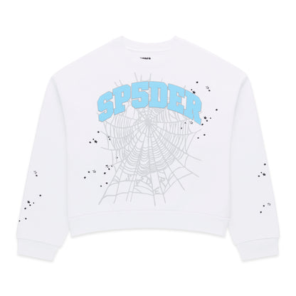 White VARSITY WEB CREWNECK with blue "SP5DER" text, gray spider web, and scattered black stars.