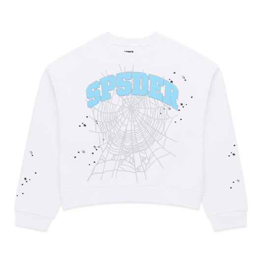 White VARSITY WEB CREWNECK with blue "SP5DER" text, gray spider web, and scattered black stars.