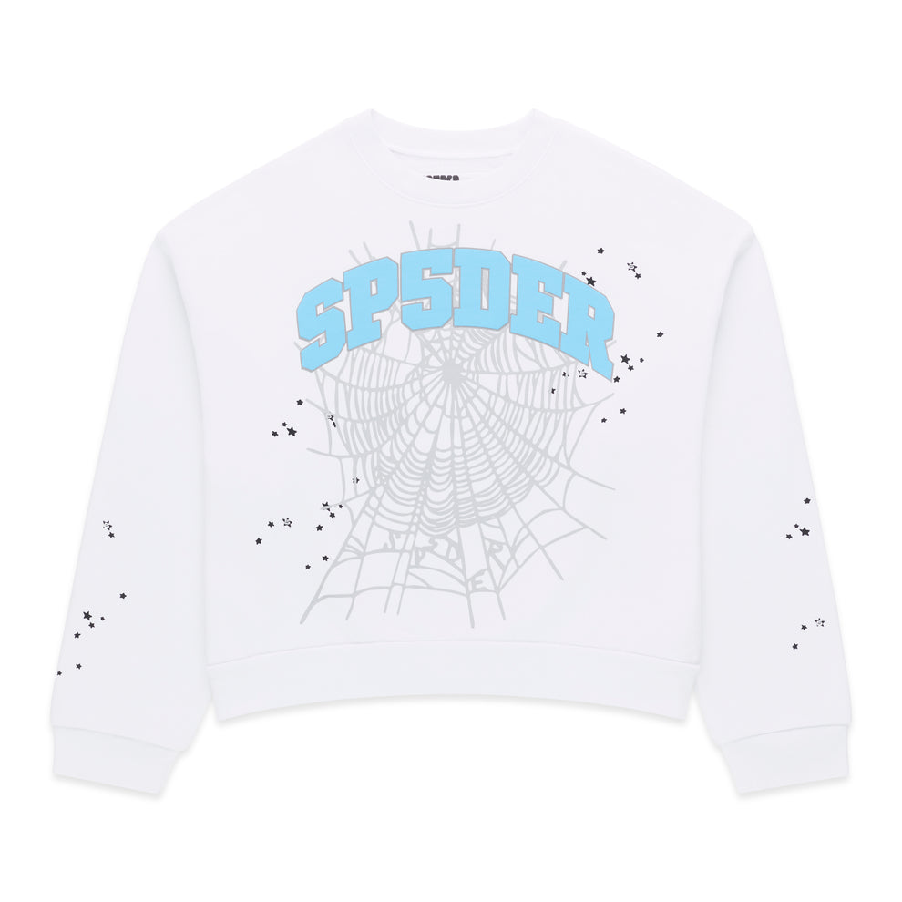 White VARSITY WEB CREWNECK with blue "SP5DER" text, gray spider web, and scattered black stars.