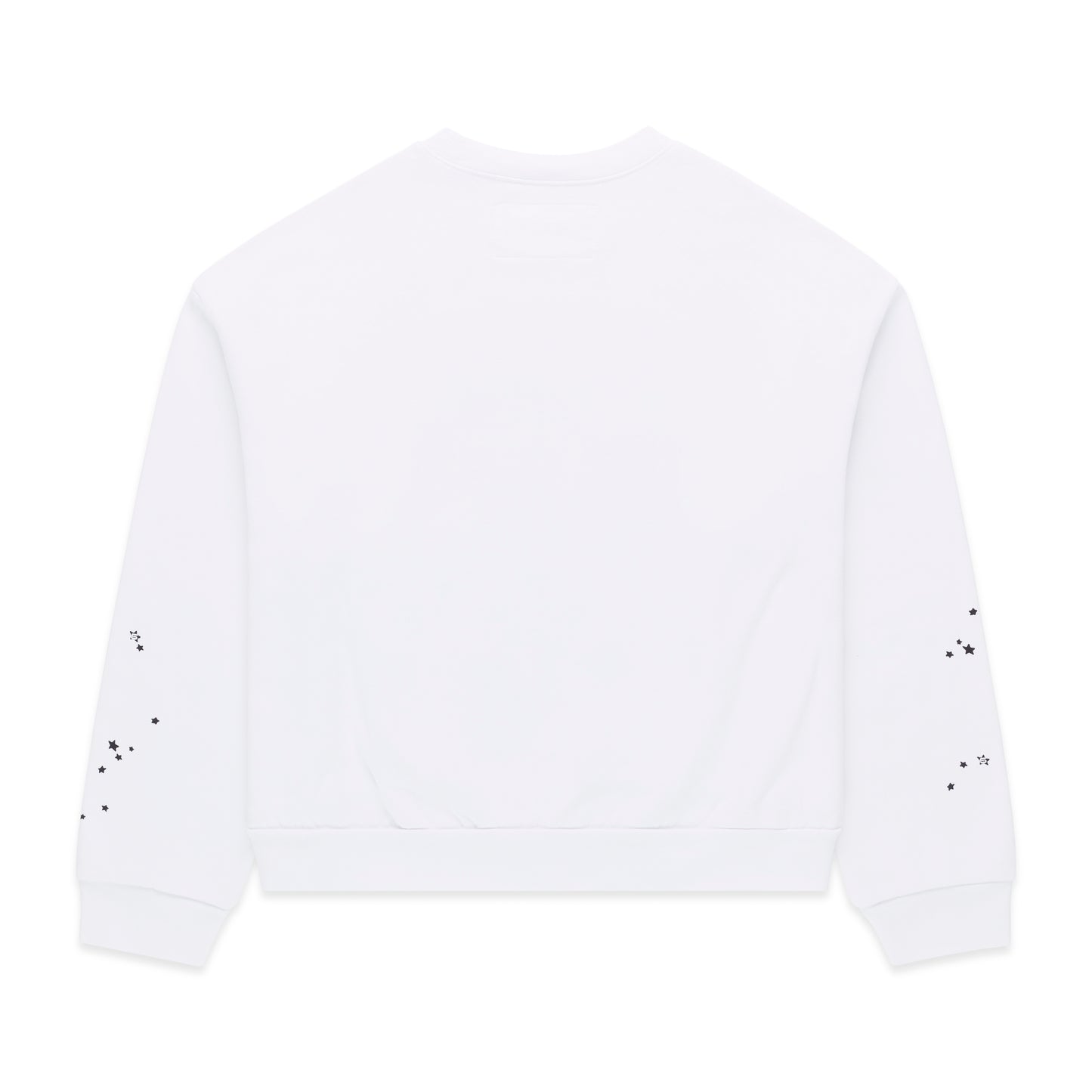 White 13oz cotton brushed fleece crewneck with scattered black star print on sleeves.