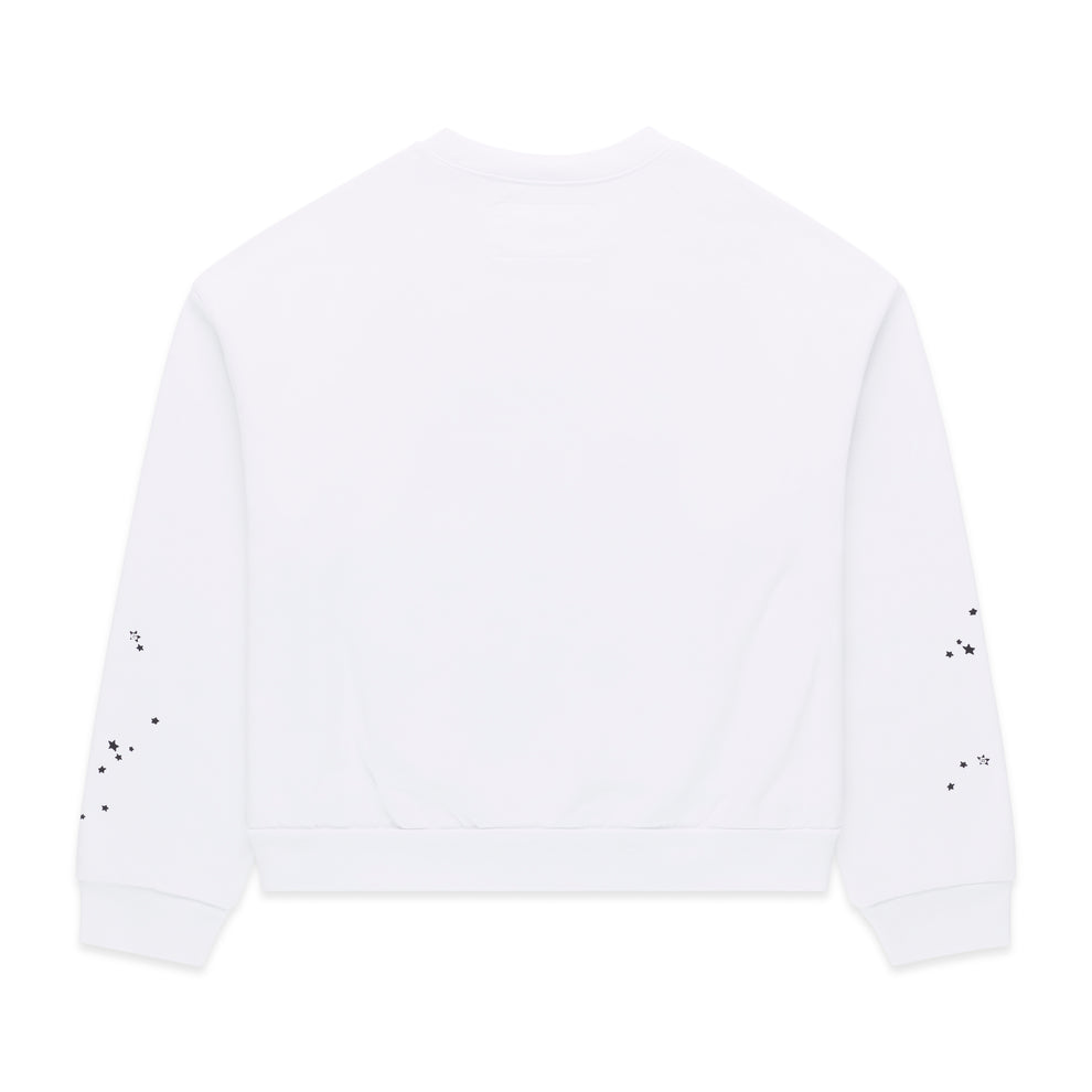 White 13oz cotton brushed fleece crewneck with scattered black star print on sleeves.