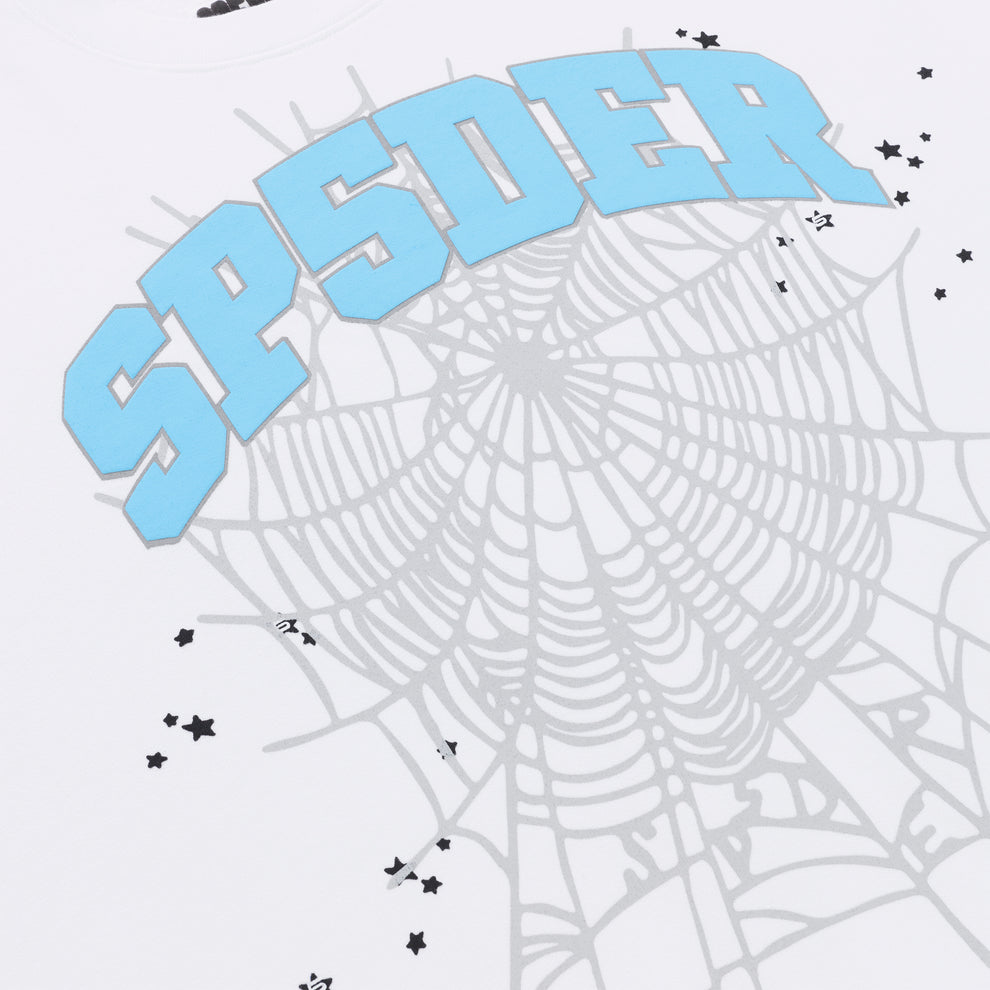 White VARSITY WEB CREWNECK with light blue "SPIDER" text, grey web, and scattered black stars.