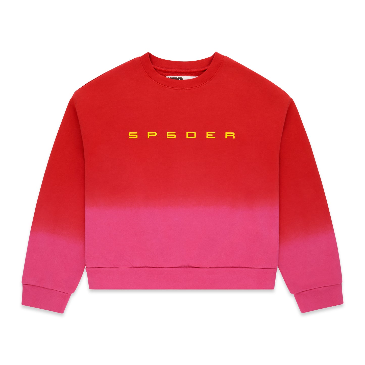 Red and pink gradient crewneck sweatshirt with yellow "SP5DER" text on chest.