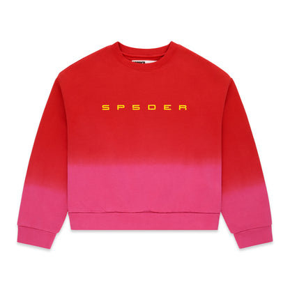 Red and pink gradient crewneck sweatshirt with yellow "SP5DER" text on chest.