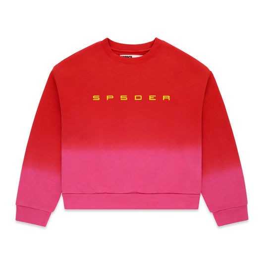Red and pink gradient crewneck sweatshirt with yellow "SP5DER" text on chest.