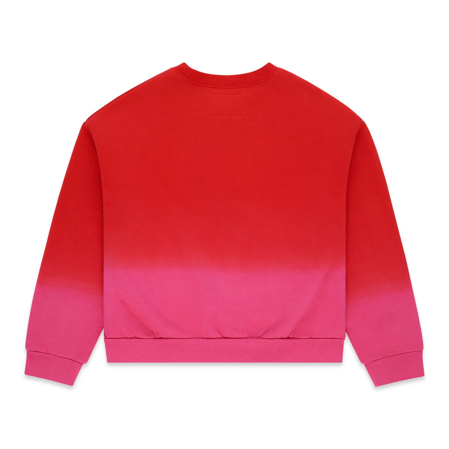 Red to pink gradient crewneck sweatshirt with ribbed cuffs and hem.