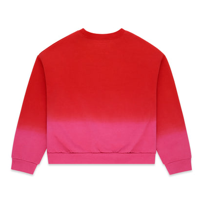 Red to pink gradient crewneck sweatshirt with ribbed cuffs and hem.