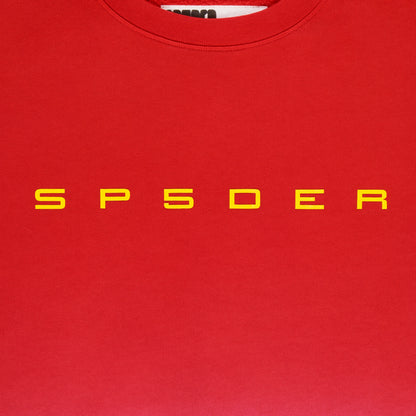 Red 13oz cotton fleece crewneck with yellow "SP5DER" text on chest and ribbed collar.