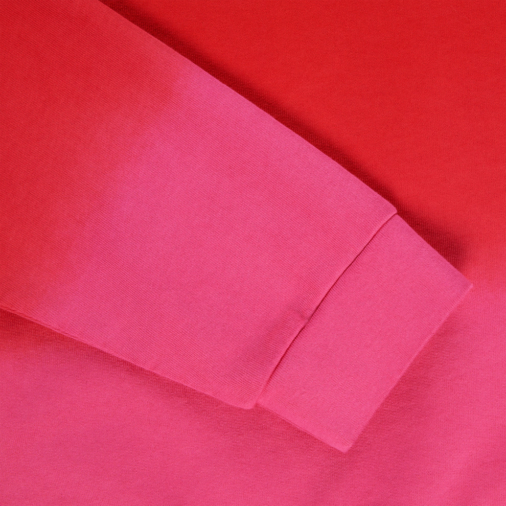 Red and pink gradient crewneck sleeve with ribbed cuff, 100% cotton brushed fleece.