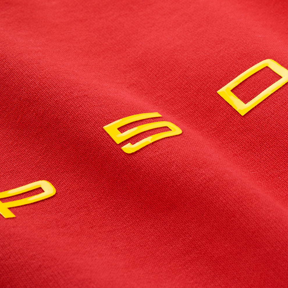 Red brushed fleece crewneck with yellow acrylic SP5DER text.