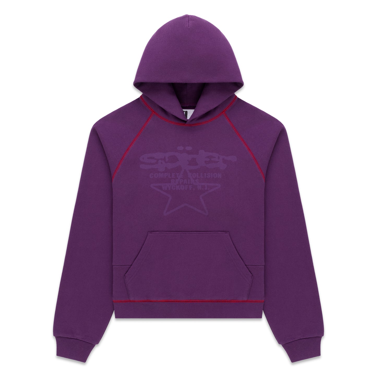 Purple 13oz cotton fleece hoodie with "SPLAT COLLISION" graphic, red contrast stitching, kangaroo pocket, and rib knit trims.