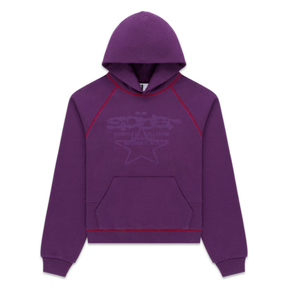 Purple 13oz cotton fleece hoodie with "SPLAT COLLISION" graphic, red contrast stitching, kangaroo pocket, and rib knit trims.