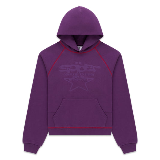 Purple 13oz cotton fleece hoodie with "SPLAT COLLISION" graphic, red contrast stitching, kangaroo pocket, and rib knit trims.